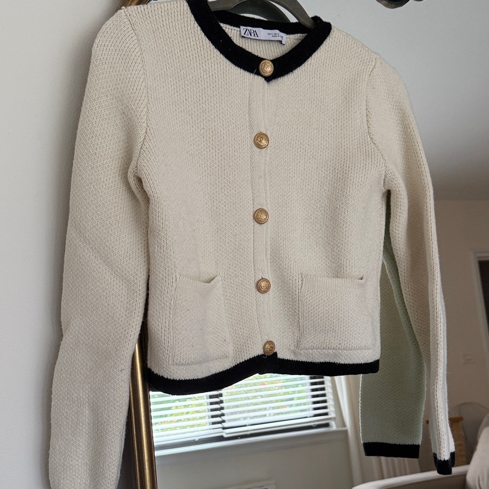 Zara Cream Cardigan with Black Trim and Gold Buttons
